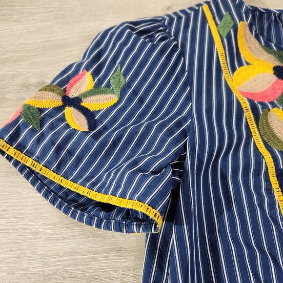 Madewell Navy Embroidered Floral Stripe Short Sleeve Boho Blouse Womens XSS - Picture 10 of 16